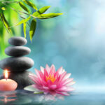 Candle, black stones and waterlily in pond